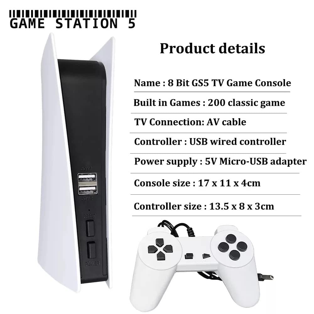 Game Station 5 USB Wired Video Game Console With 200 Classic Games 8 Bit GS5 TV Console Retro Handheld Game Player AV Output - White