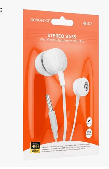 Borofone BM77 AUX Earphones with Mic – Stereo Bass, 1.2m Cable (White)